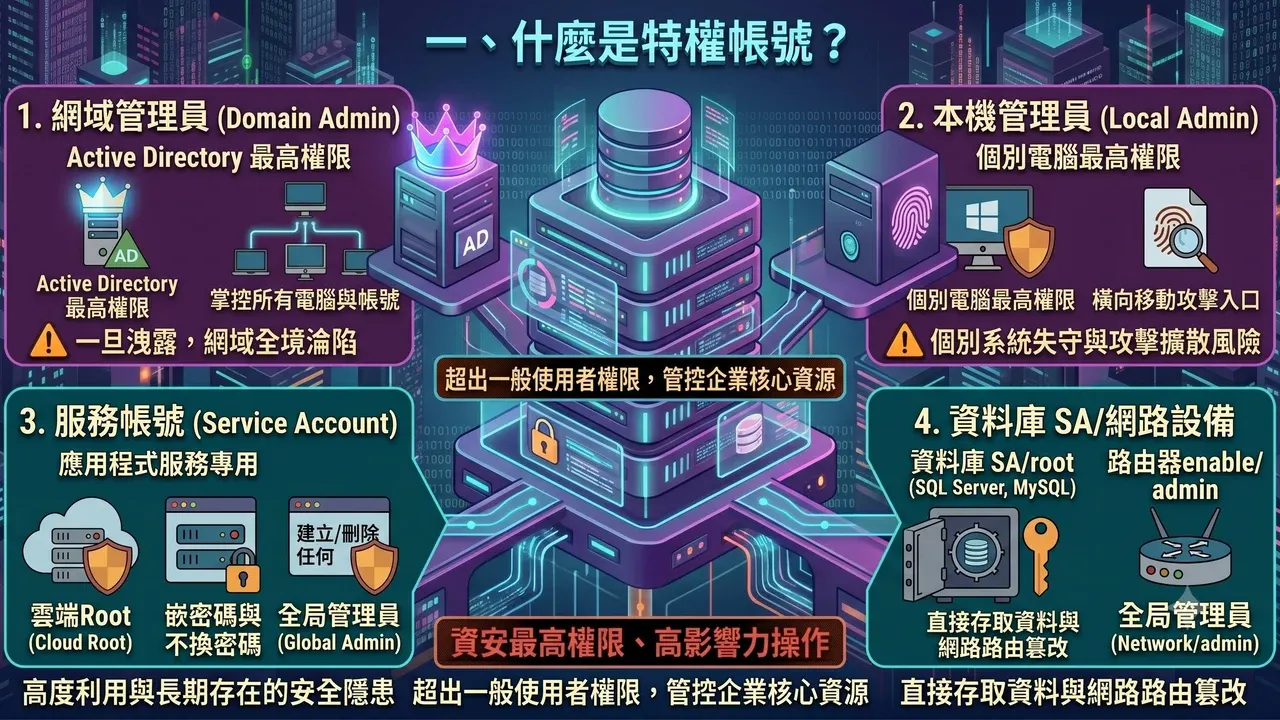 特權帳號的四種類型：網域管理員（Domain Admin）、本機管理員、服務帳號、資料庫 SA 與網路設備