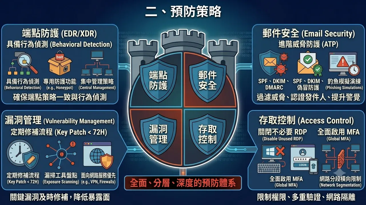 勒索軟體預防策略四大支柱：端點防護（EDR/XDR）、郵件安全（ATP）、漏洞管理、存取控制